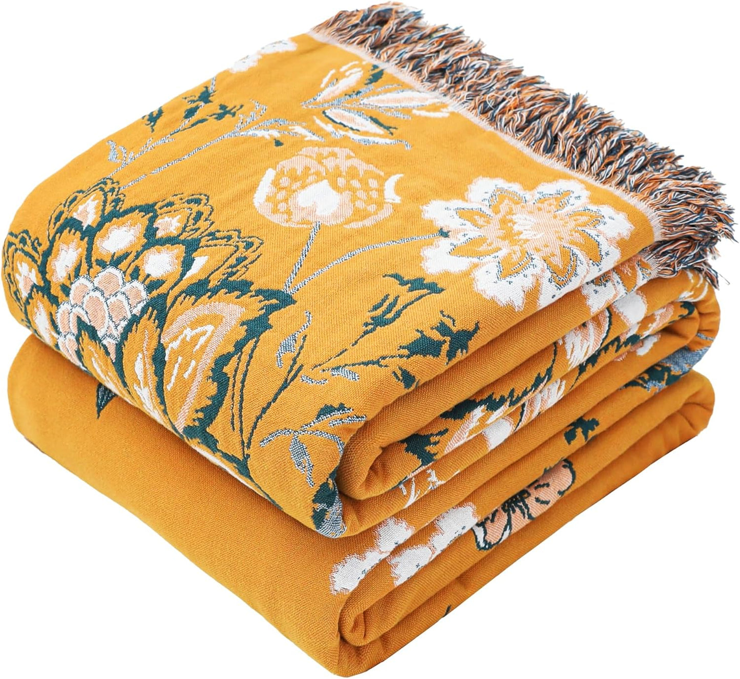 Boho Throw Blanket 60" x 80", 100% Organic Cotton Breathable Lightweight Ultra Soft Bed Quilt Throw - Summer Floral Butterfly Farmhouse Decor Blanket for Sofa Couch Chair and Gift.