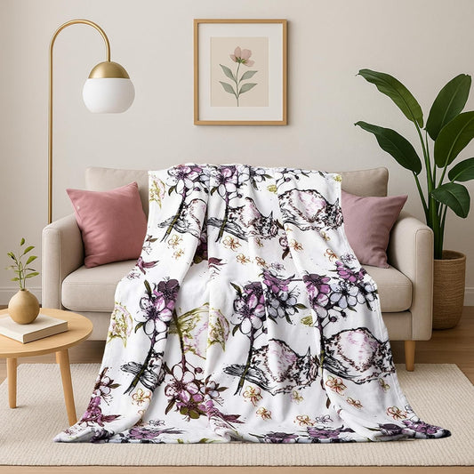 DaDa Bedding Purple Floral Faux Mink Fleece Throw Blanket – Ultra-Soft Plush Flannel Blossom Garden Birds Print, Orchid Lavender & Olive Green, Lightweight Warm Couch Sofa Bed 63"x 90"