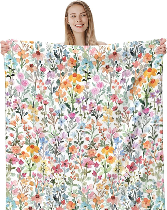 Whaline Floral Fuzzy Blanket Watercolor Flower Throw Blanket Colorful Wildflower Soft Cozy Flannel Blanket for Home Bed Sofa Couch Chair, 50 x 60 Inch