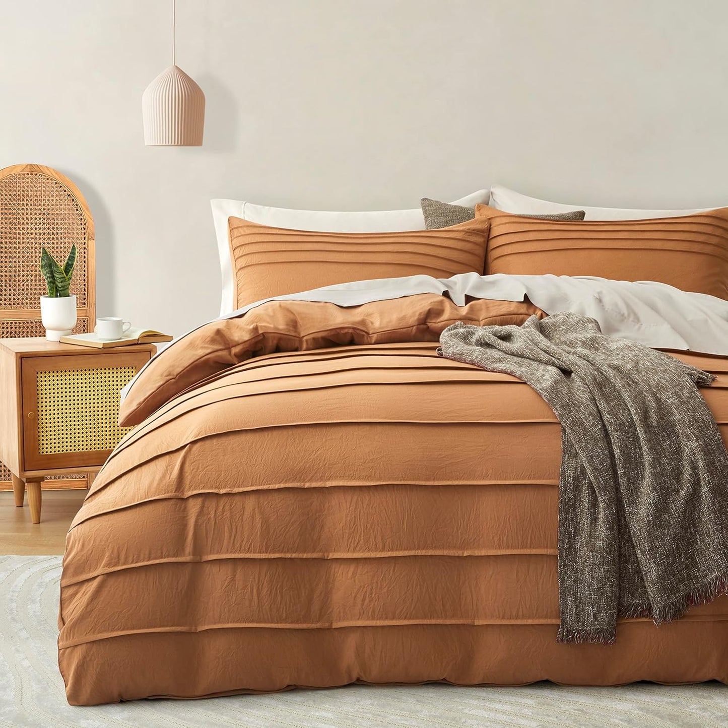 Oli Anderson Beige Duvet Cover Queen Size - Pleated Queen Duvet Cover, 3PCS Soft and Breathable Textured Bedding Set with Zipper Closure(Beige,90"x90")