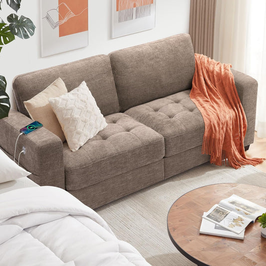 Ihanherry Modern Sofas 2-Seater Couches for Living Room, Chenille Sofas with Extra Large Seat Width & Depth, USB/Type-C Charging Port & Side Pocket, Removable Medium Firm Sofa Cushion(89inch, Brown)
