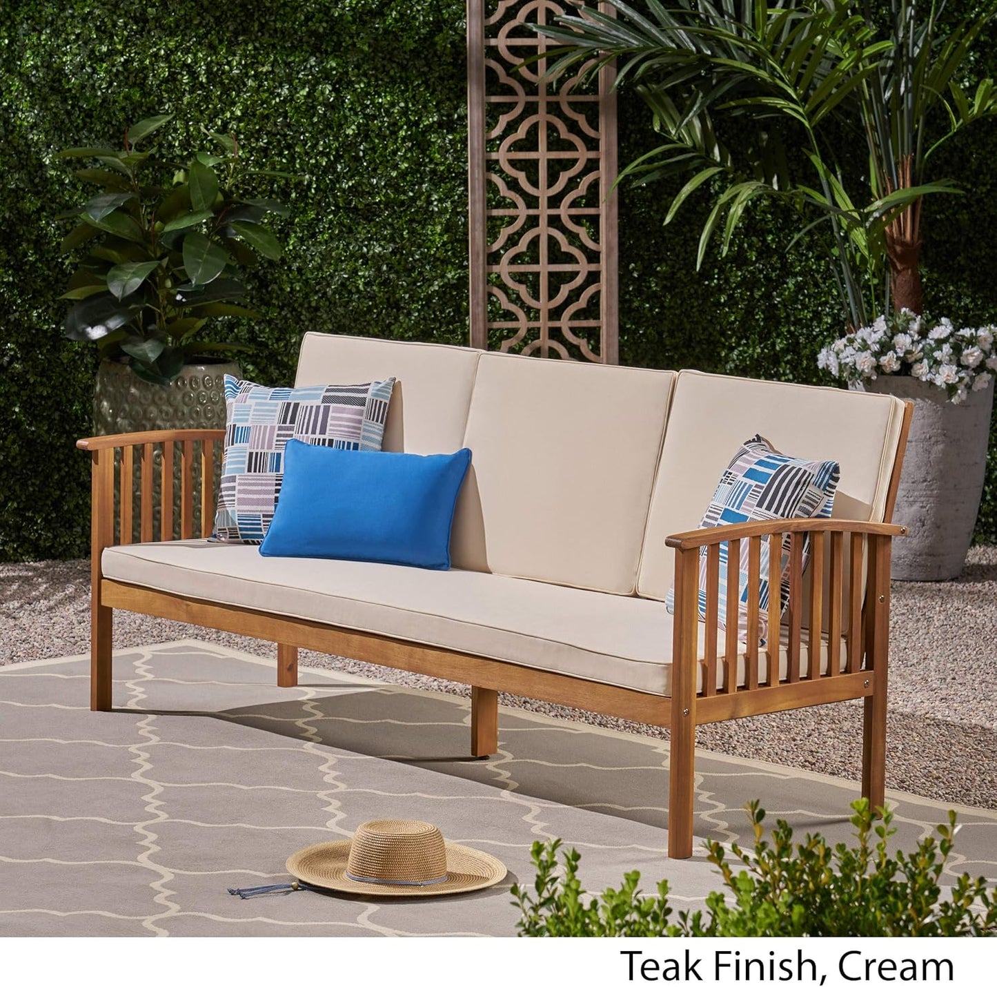 Christopher Knight Home Breenda Outdoor Acacia Wood Sofa with Cushions, Teak Finish, Cream