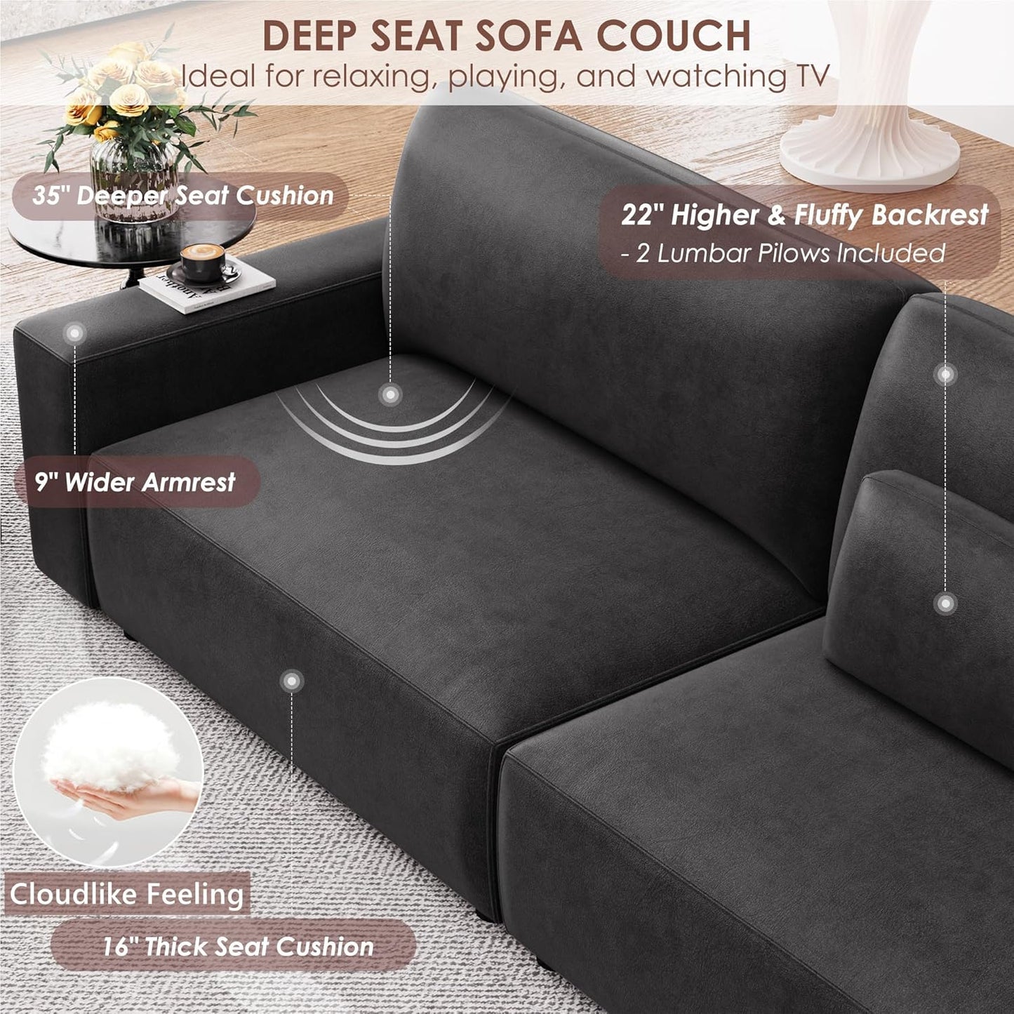 HIFIT 105" Black Faux Leather Sofa Couches for Living Room, Modern Comfy Couch with 28" Deep Seat & Fluffy Cushion, 4-Seater Home Sofa Living Room Furniture for Office with 2 Pillows, Solid Wood Frame