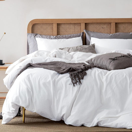 ATsense Duvet Cover King Size, 100% Washed Cotton Linen Feel Super Soft Comfortable, 3-Piece White Duvet Cover Bedding Set, Long-Lasting and Easy Care, Simple Style Farmhouse Comforter Cover