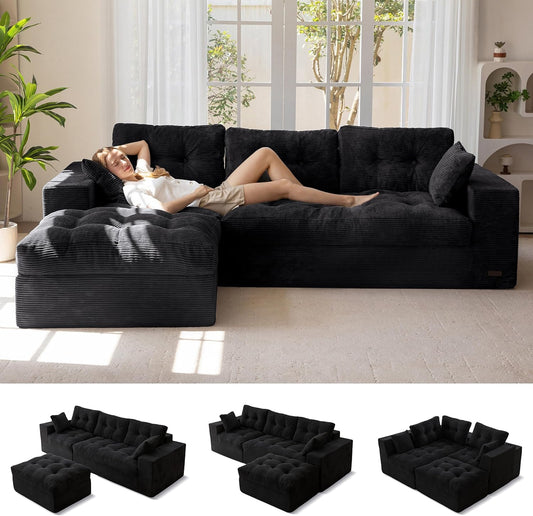 MAXYOYO L-Shaped Sectional Sofa with Convertible Left/Right Ottoman, Cloud Boneless Modular Couch, Layered Cushion & Tufted Upholstered, 4-in-1 Flexible Combination, No Assembly, Black