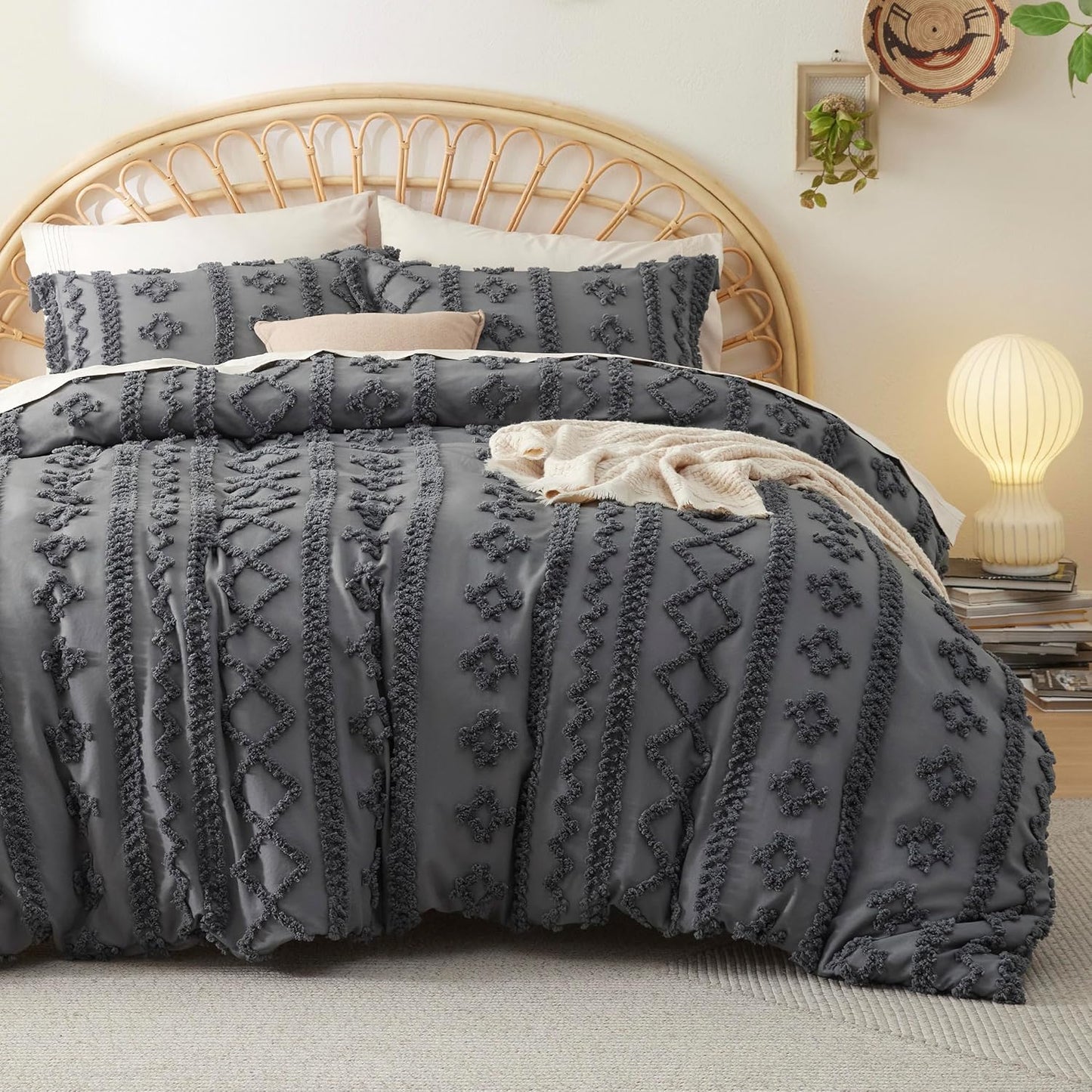 Bedsure Boho Kids Duvet Cover Queen Size（Duvet Insert/Comforter not Included - Tufted Duvet Cover Queen for All Seasons,Soft Shabby Chic Boho Bedding (Beige, 90" x 90")