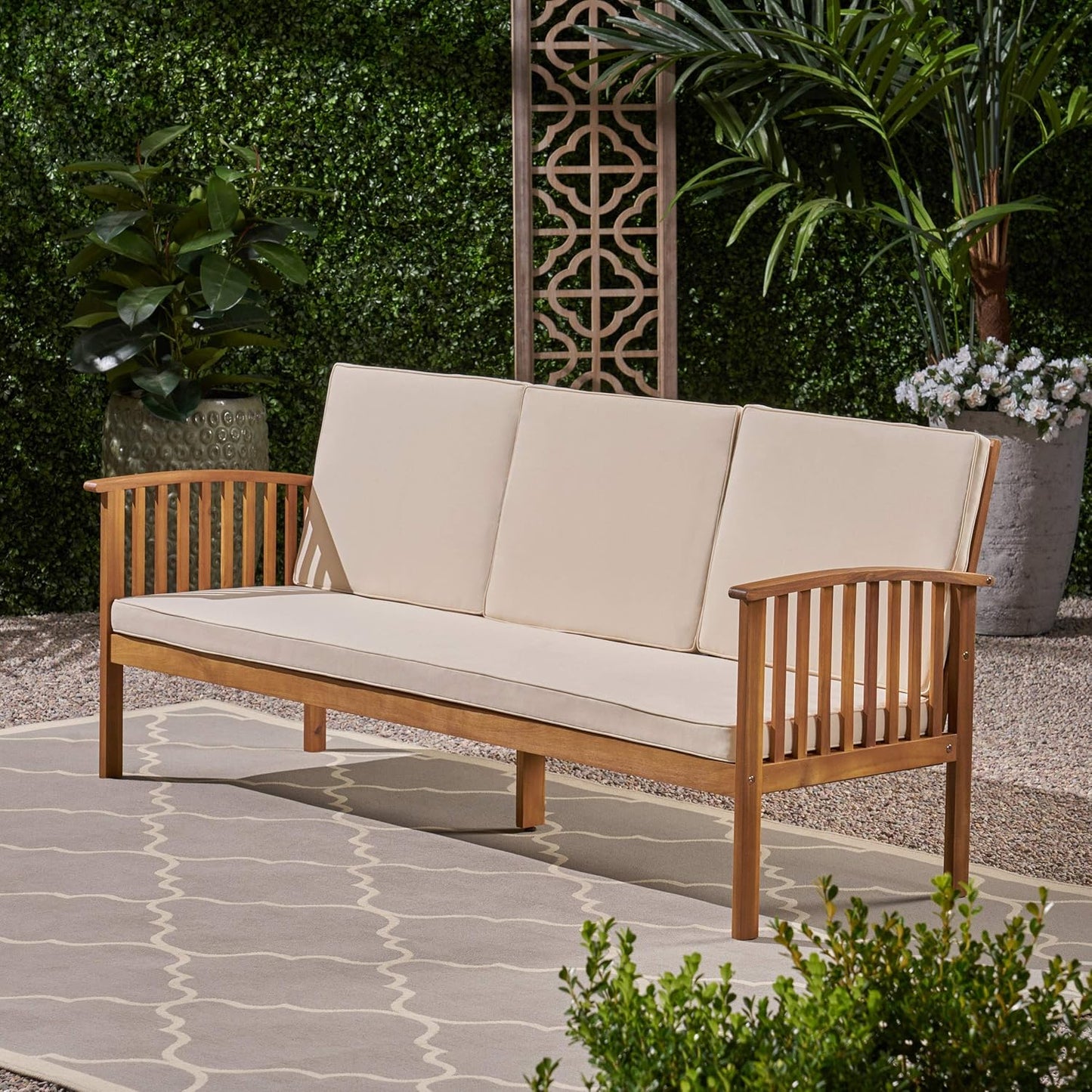 Christopher Knight Home Breenda Outdoor Acacia Wood Sofa with Cushions, Teak Finish, Cream