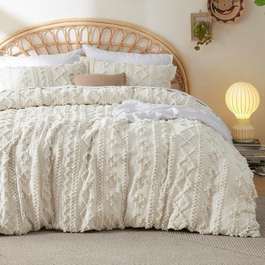 Bedsure Boho Kids Duvet Cover Queen Size（Duvet Insert/Comforter not Included - Tufted Duvet Cover Queen for All Seasons,Soft Shabby Chic Boho Bedding (Beige, 90" x 90")