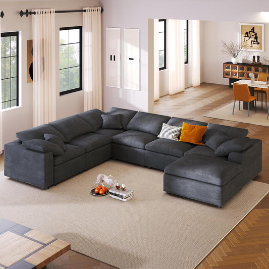 Oversized Modular Sectional Sofa Modern Cloud Couch with Movable Ottoman 7 Seater U/L Shaped Lounge Sofas Comfy Couches with Thicked Cushion Backrest for Living Room Spacious Space Office