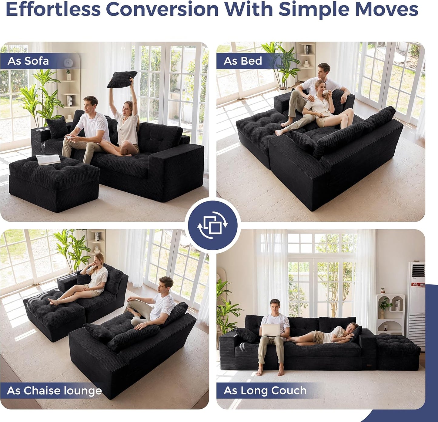 MAXYOYO L-Shaped Sectional Sofa with Convertible Left/Right Ottoman, Cloud Boneless Modular Couch, Layered Cushion & Tufted Upholstered, 4-in-1 Flexible Combination, No Assembly, Black