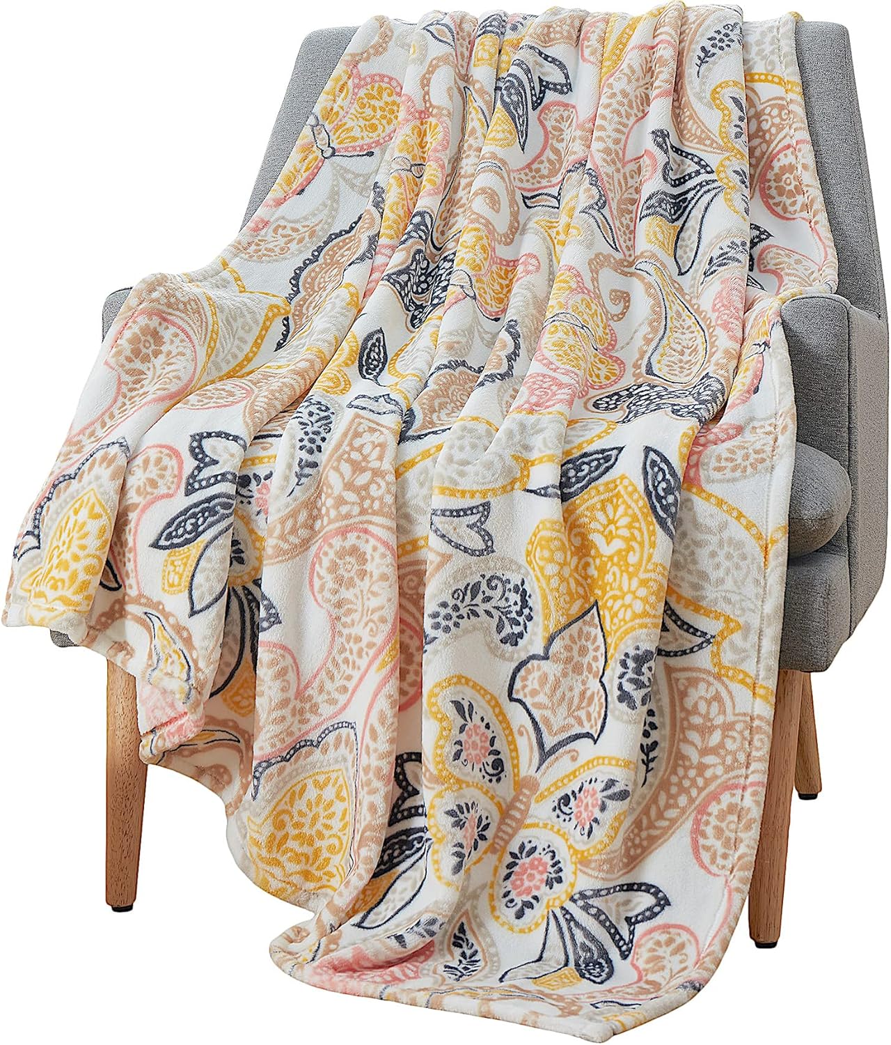 Decorative Floral Fleece Throw Blanket: Velvety Soft Plush Rose Flower Accent for Couch or Bed, Blush Pink Purple Navy Blue Grey on White, Oversized 50" x 70" Inches